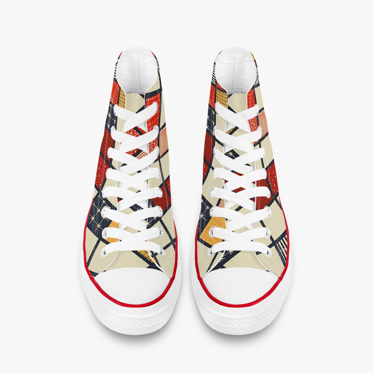 Pair of sneakers with geometric pattern on a white background