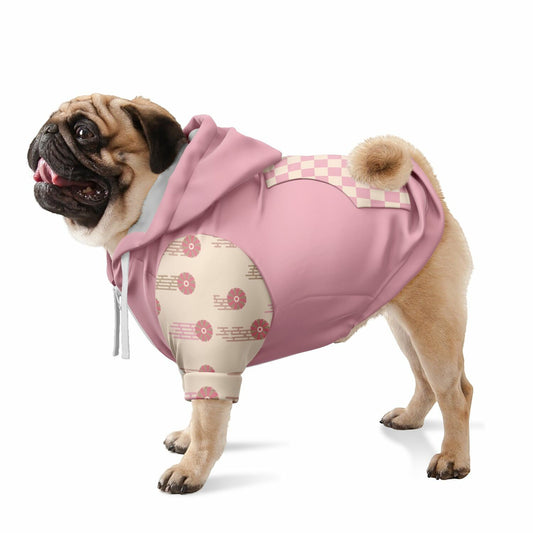 A dog wearing a premium vibrant pink athletic zip-up hoodie featuring a dense, intricate white and soft-pink cherry blossom pattern, inspired by a Japanese spring in full bloom.