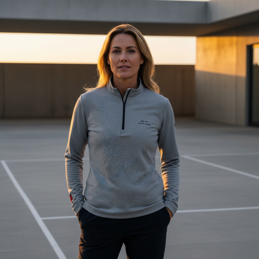 Woman wearing a gray pullover standing on a rooftop at sunset.