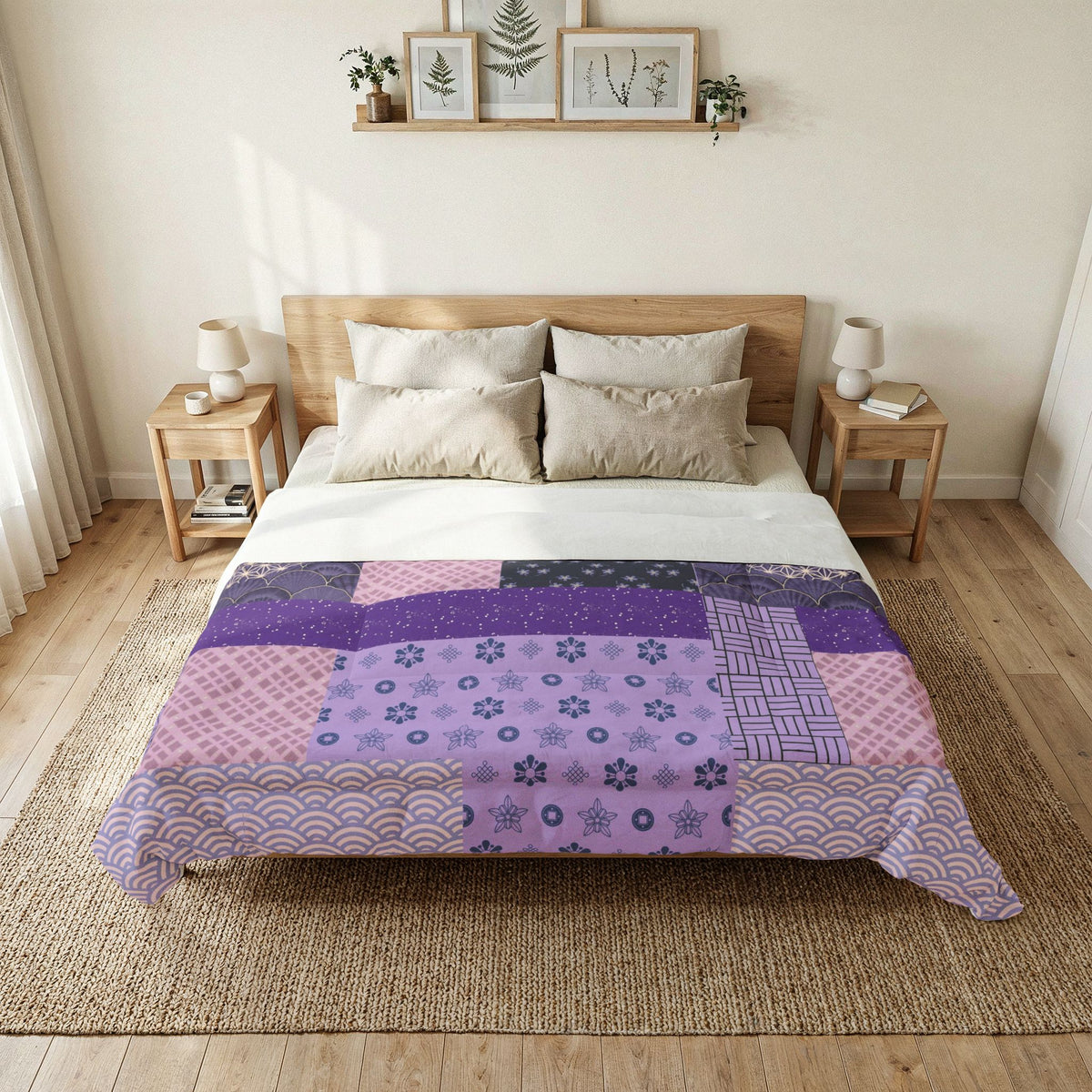 Bedroom with a bed featuring a patchwork quilt, two nightstands, and framed pictures on the wall. Heritage Cotton