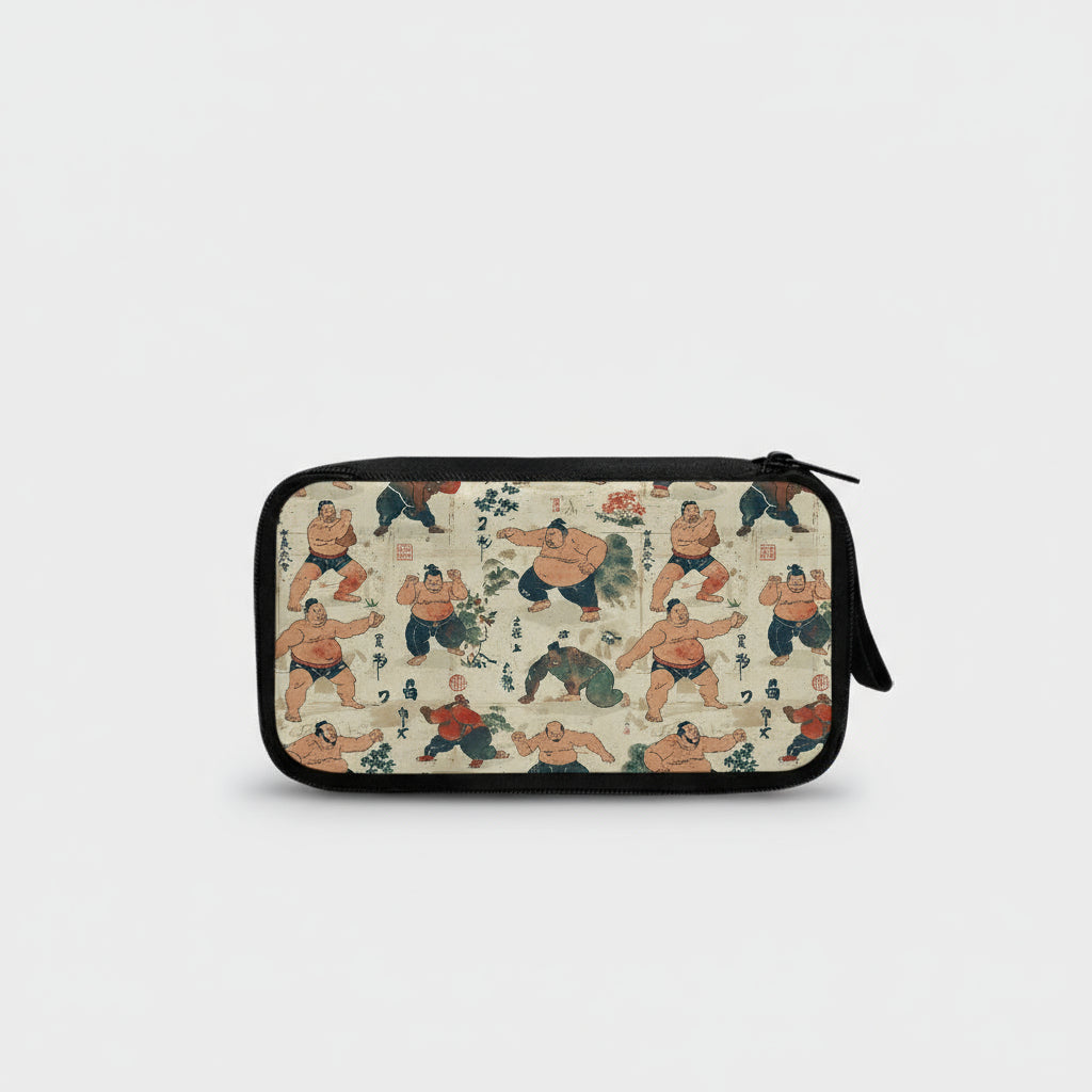 Small pouch with sumo wrestler pattern on a beige background