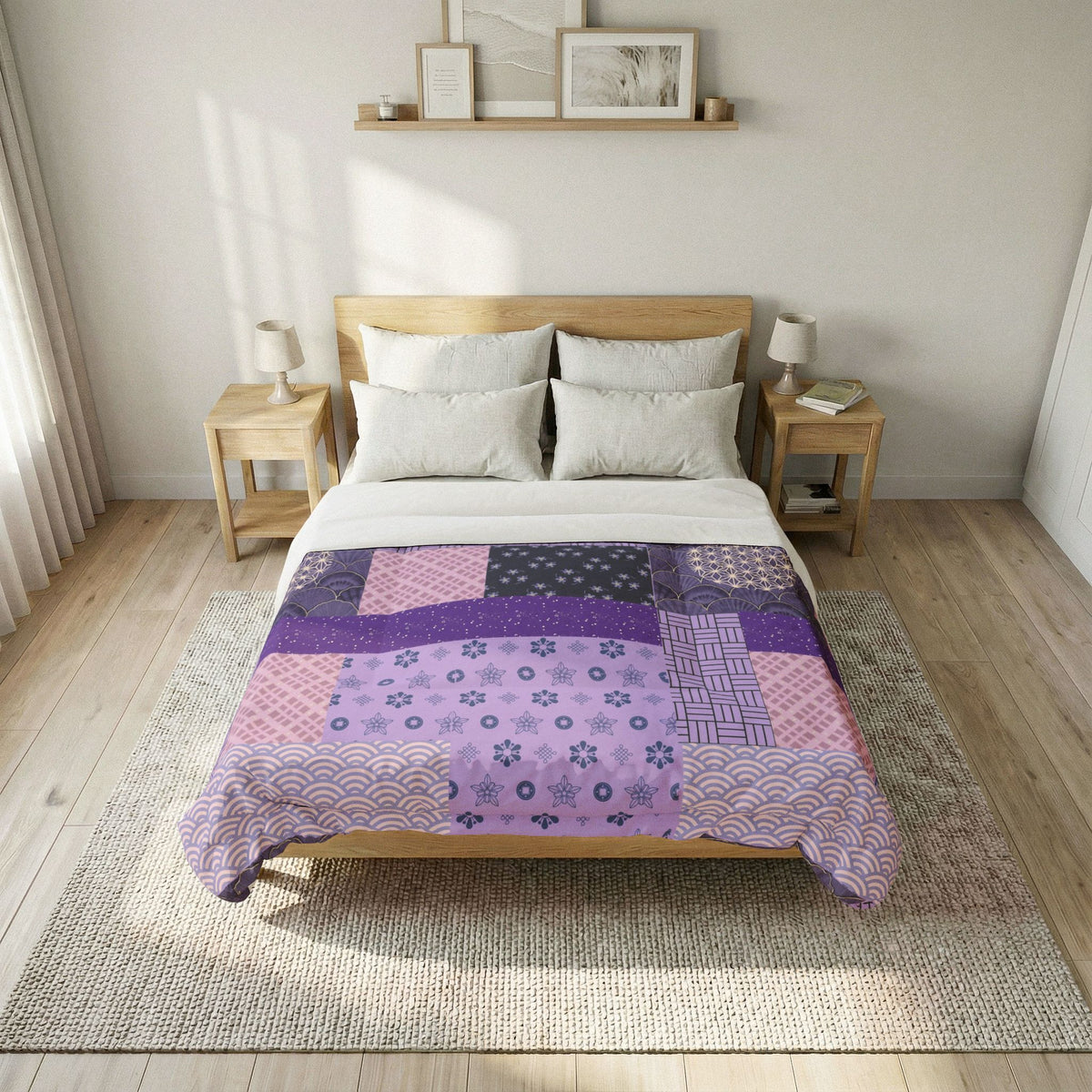Bedroom with a wooden bed and a patchwork quilt featuring purple and pink patterns. Heritage Cotton