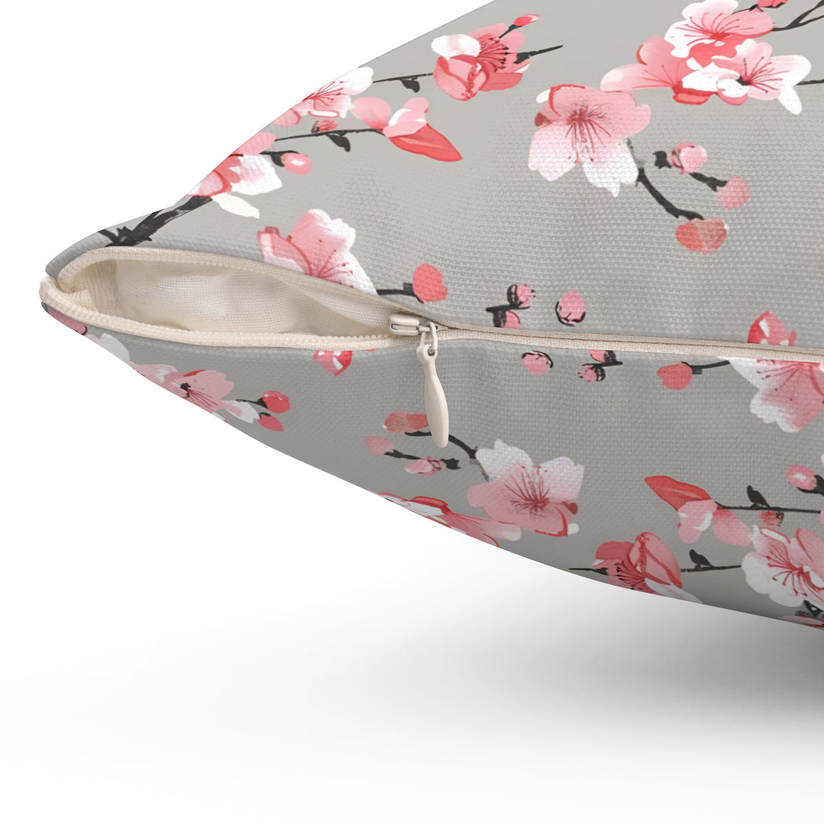 Floral-patterned product with zipper on a gray background