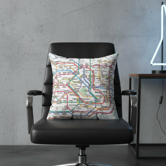 Pillow with a map design on a black office chair against a gray wall.