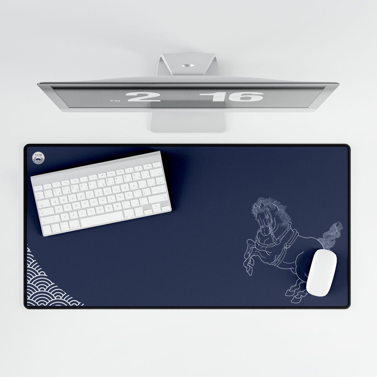 Navy desk mat with horse design, keyboard, and mouse on a white surface