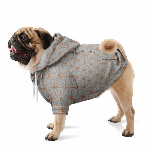 A dog wearing a premium athletic zip-up hoodie featuring the iconic minimalist "Grumpy Toad" ink-wash print by Matsumoto Hoji from the Edo period.