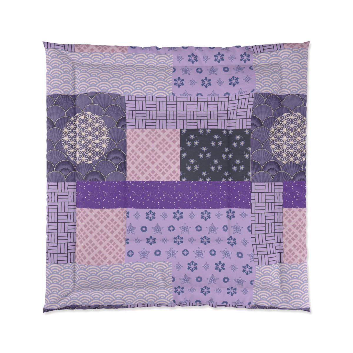 Patchwork quilt with various purple patterns on a white background