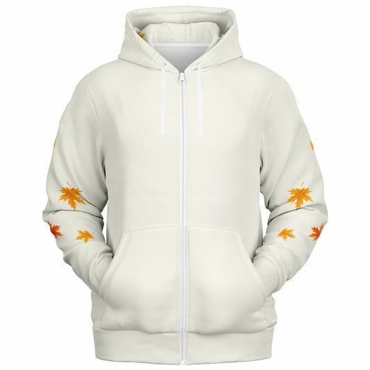 An off-white zip-up hoodie with a pattern of orange and yellow maple leaves on the sleeves, shown against a plain white background.
