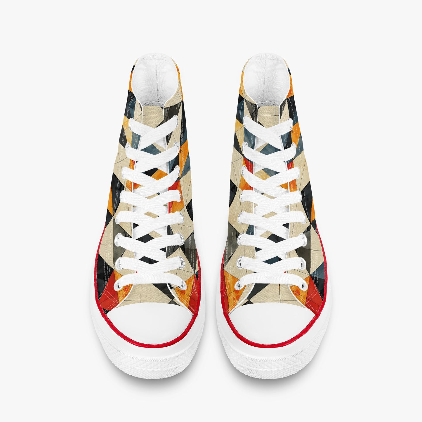 Colorful geometric-patterned sneakers on a white background