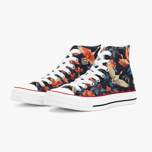 High-top sneakers with a colorful bird pattern on a white background
