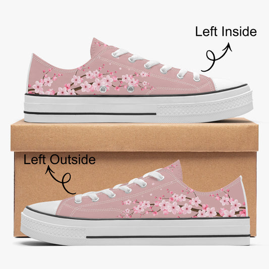 Pink floral sneakers with a cardboard box labeled 'Left Inside' and 'Left Outside'.