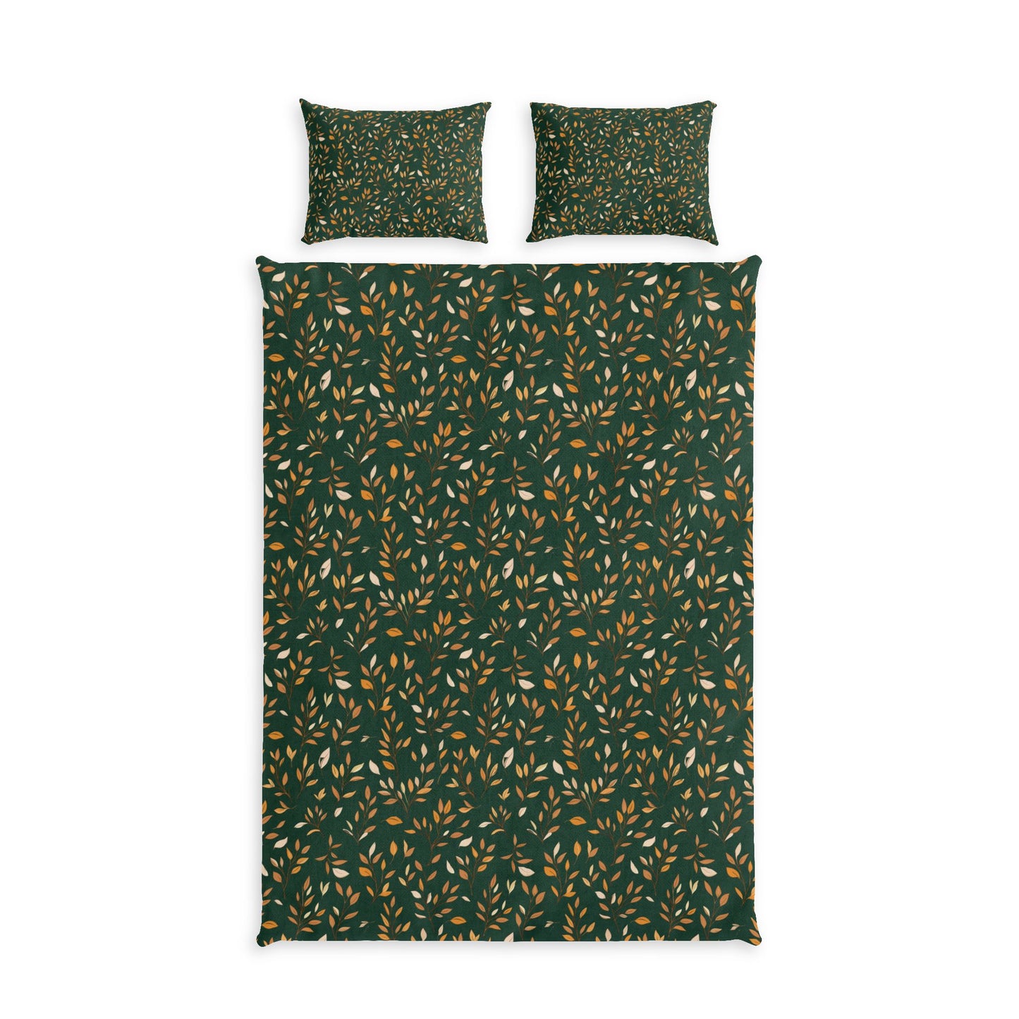 A bedding set featuring a dark green duvet cover and two matching pillowcases, all with a dense pattern of small leaves in mustard yellow and cream, displayed on a solid white background.