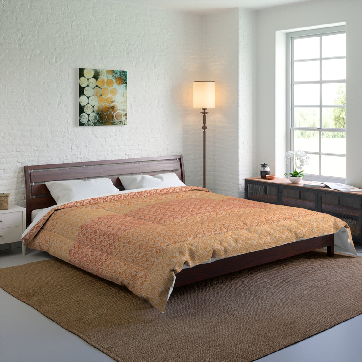 Bedroom with a bed covered in a beige comforter, wooden headboard, and side tables.