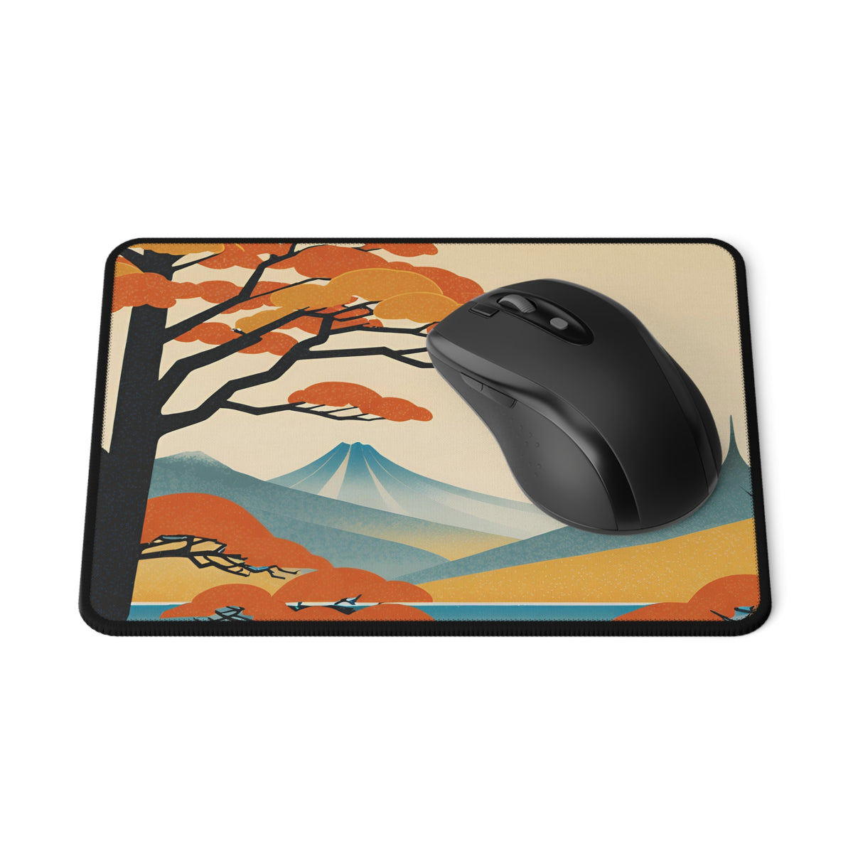 A high-definition rectangular mousepad featuring fiery red Japanese maple leaves framing a snow-capped Mount Fuji in a classic autumnal landscape.
