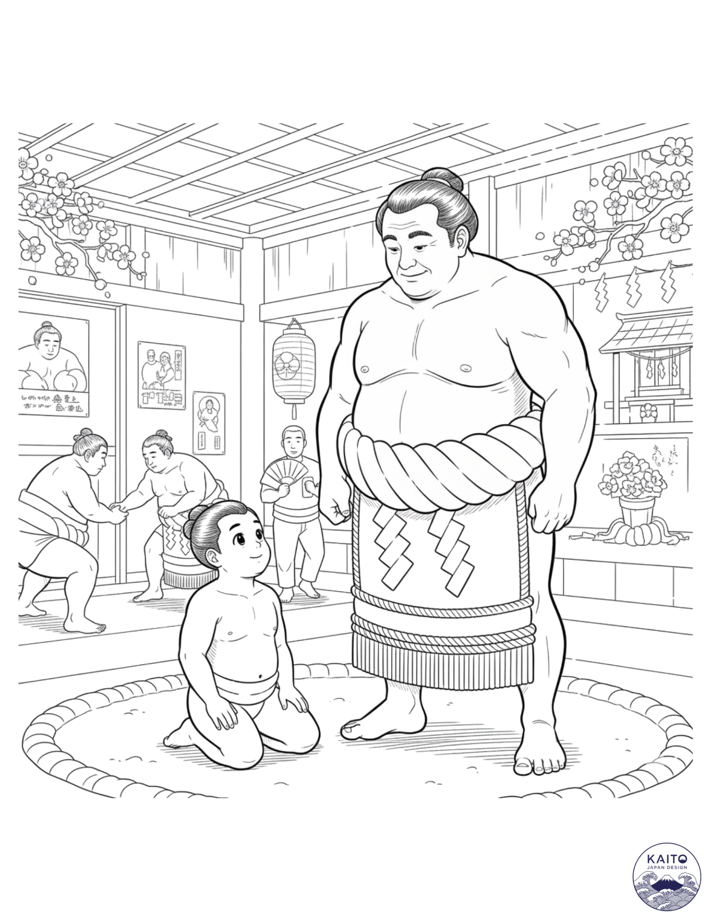Coloring page of a sumo wrestler and child in a dojo setting with 'Kaito' branding.