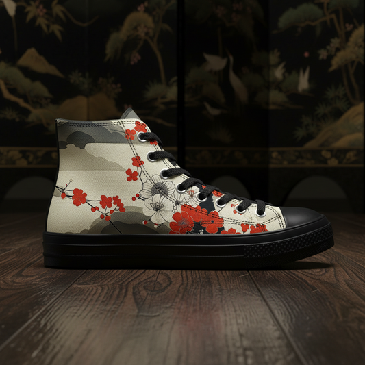 High-top sneaker with floral design on a wooden floor