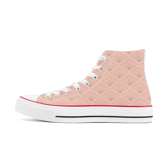 "Pink high-top canvas sneakers with a geometric pattern and an 'H' logo, inspired by the Tokyo Metro Hibiya Line, in a classic Converse style."