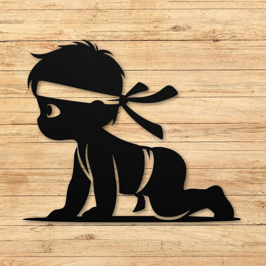 Adorable Baby Ninja crawling metal wall art silhouette, ideal for nursery or martial arts kids room decor.