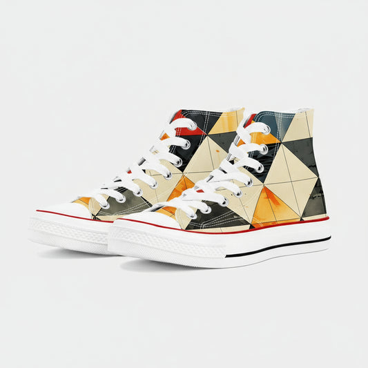 Colorful Moyo Kaleidoscope geometric pattern high top canvas sneakers with Japanese Wagara design.