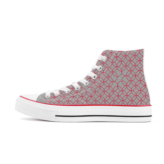 "Grey and red circular patterned high-top canvas sneakers with an 'M' logo, inspired by the Tokyo Metro Marunouchi Line, in a classic Converse style."