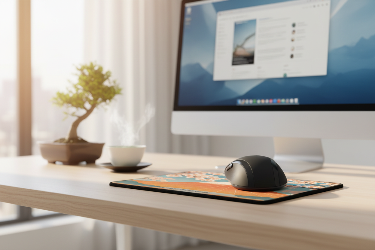 Modern office desk with computer monitor, mouse, and decorative items.