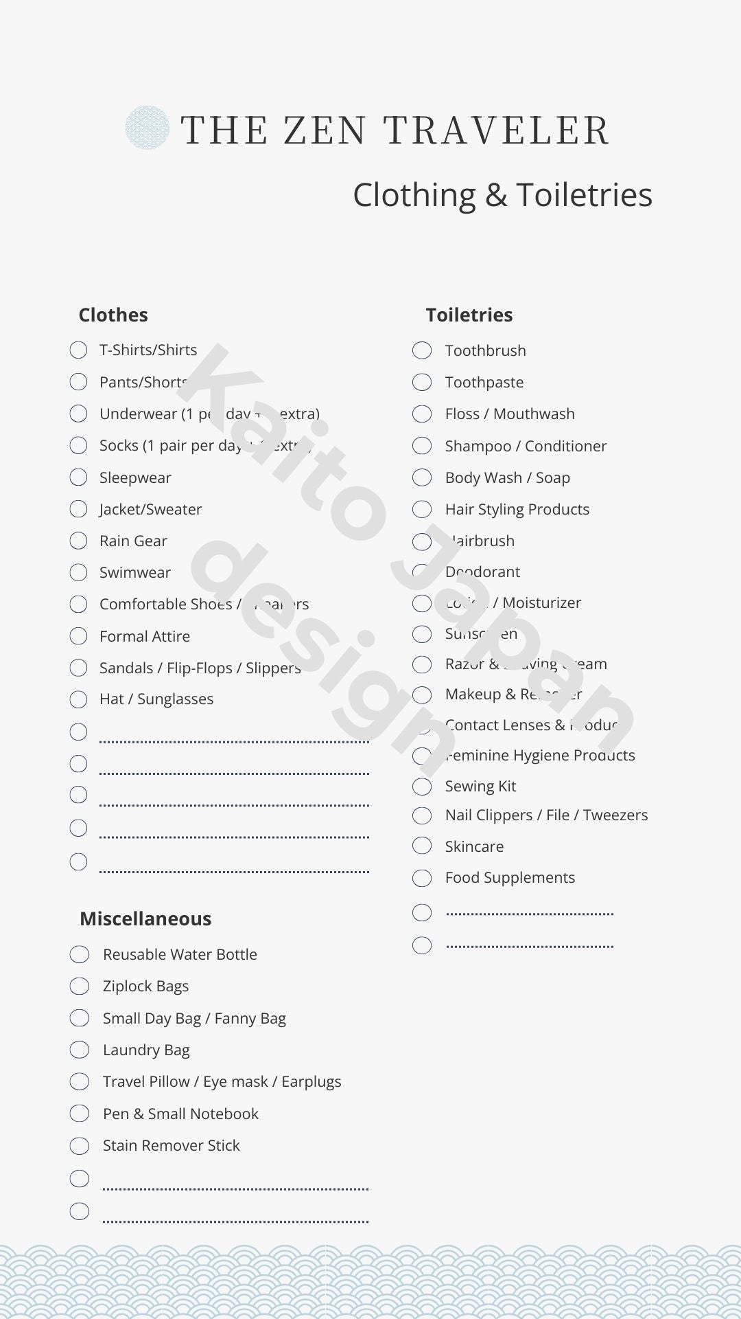 Checklist for clothing, toiletries, and miscellaneous items with 'The Zen Traveler' branding.