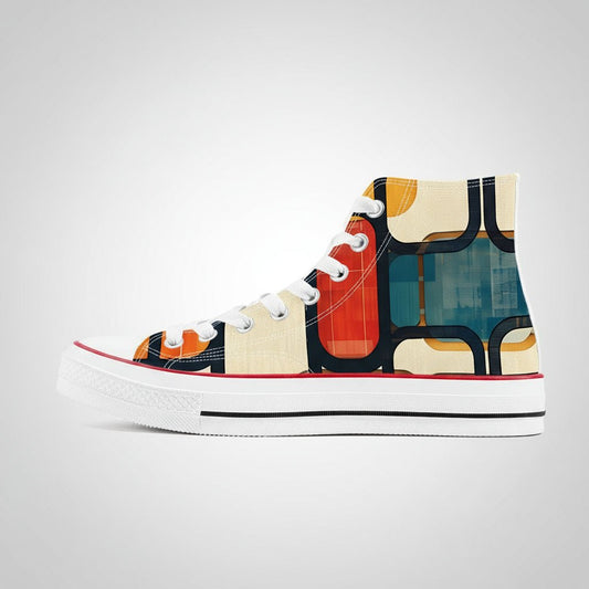 lack and white Enso Rounded Grid geometric pattern high top canvas shoes with Zen Circle inspiration.