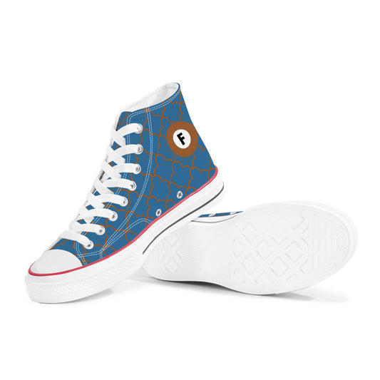 Blue high-top canvas sneakers with a patterned design and an 'F' logo, inspired by the Tokyo Metro Fukutoshin Line, in a Converse style