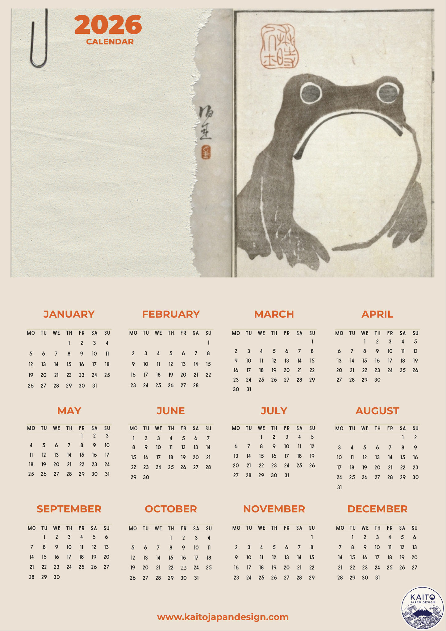Calendar for 2026 with a stylized frog design on a textured background