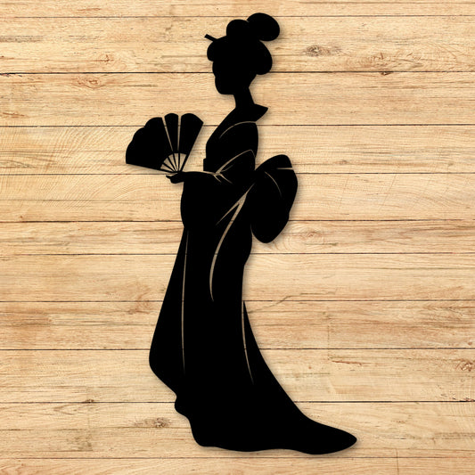 Elegant Japanese Geisha silhouette with fan metal wall art, embodying grace and beauty.