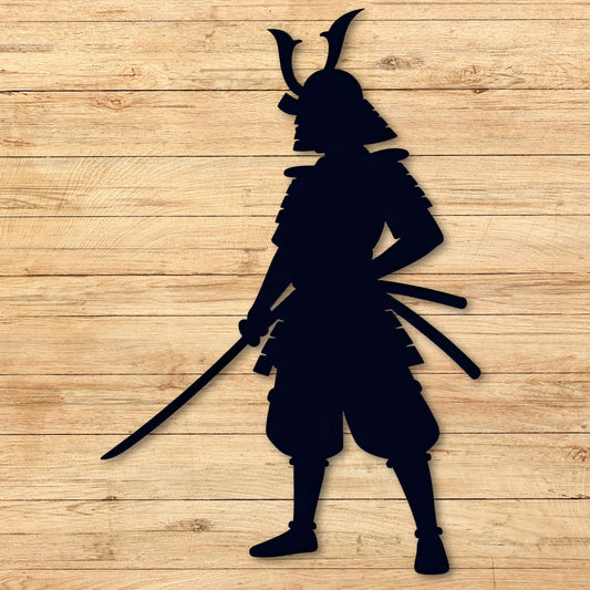 Silhouette of a samurai warrior on a wooden background