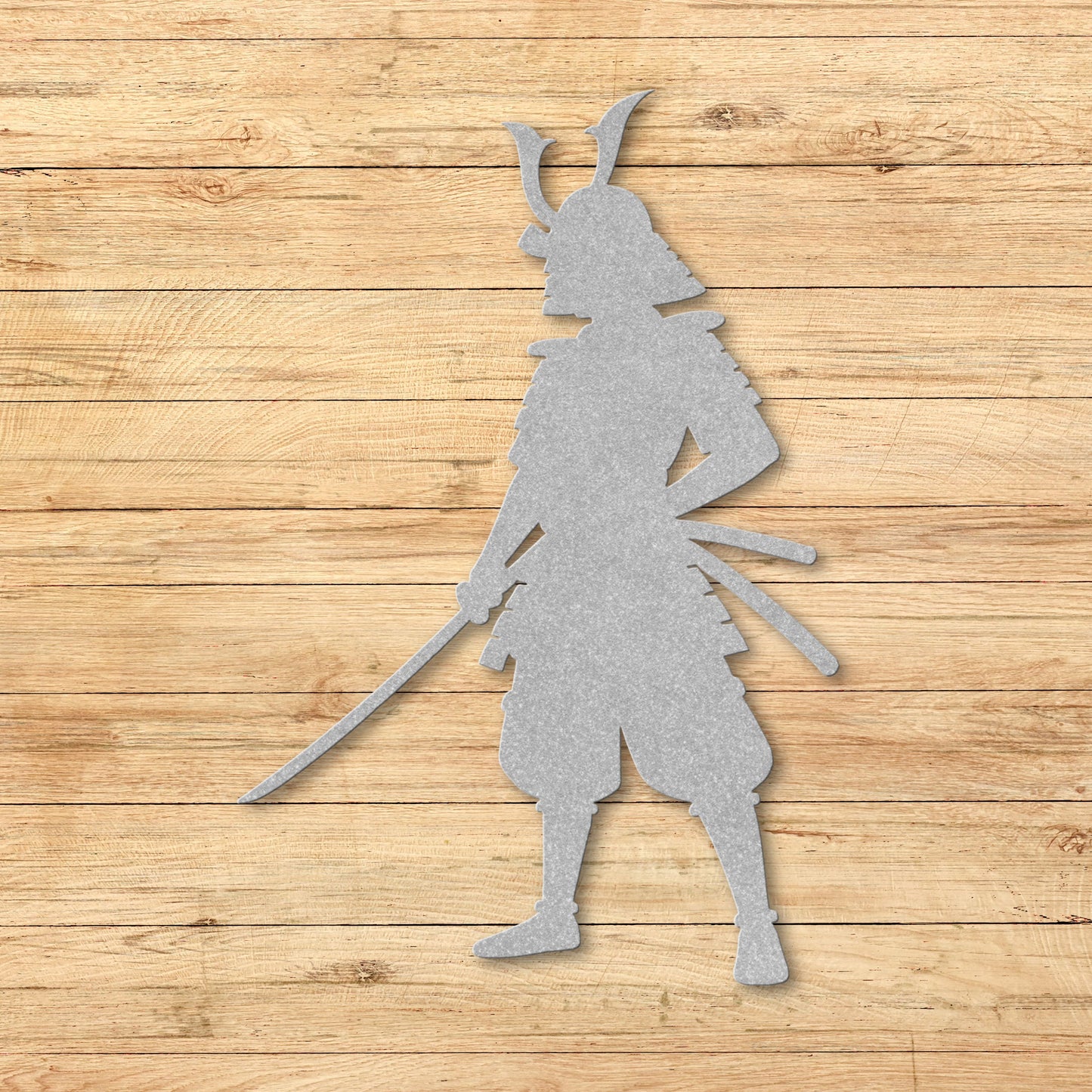 Silver Silhouette of a samurai on a wooden background