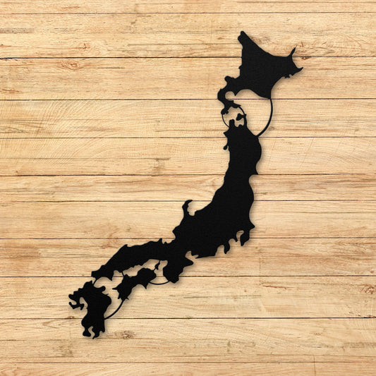 Minimalist Black Silhouette Map of Japan metal wall art, ideal for travel-themed home decor.