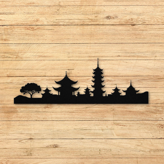Traditional Japanese Temple and Pagoda skyline metal wall art silhouette, ideal for Zen home decor.