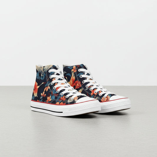 White canvas high top sneakers with Japanese Crane bird and detailed floral print.