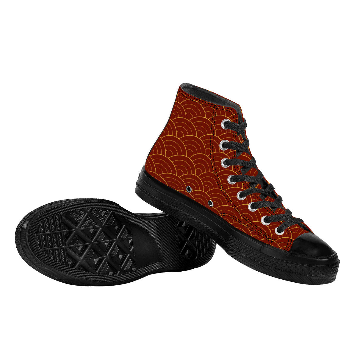 Pair of high-top sneakers with a brown geometric pattern on a white background