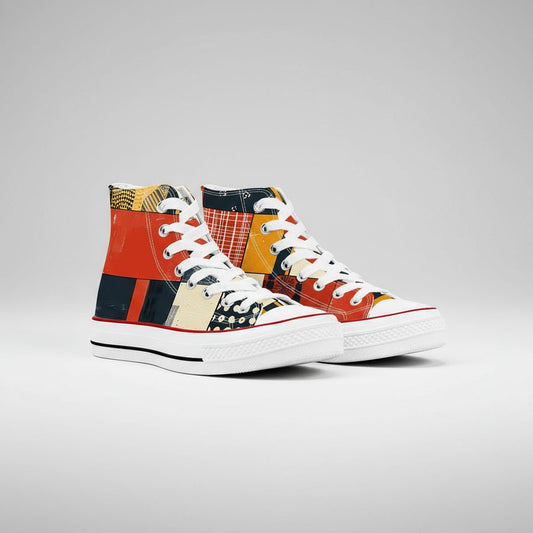 Abstract Kokon Patchwork pattern high top canvas shoes with colorful Japanese Wagara design.