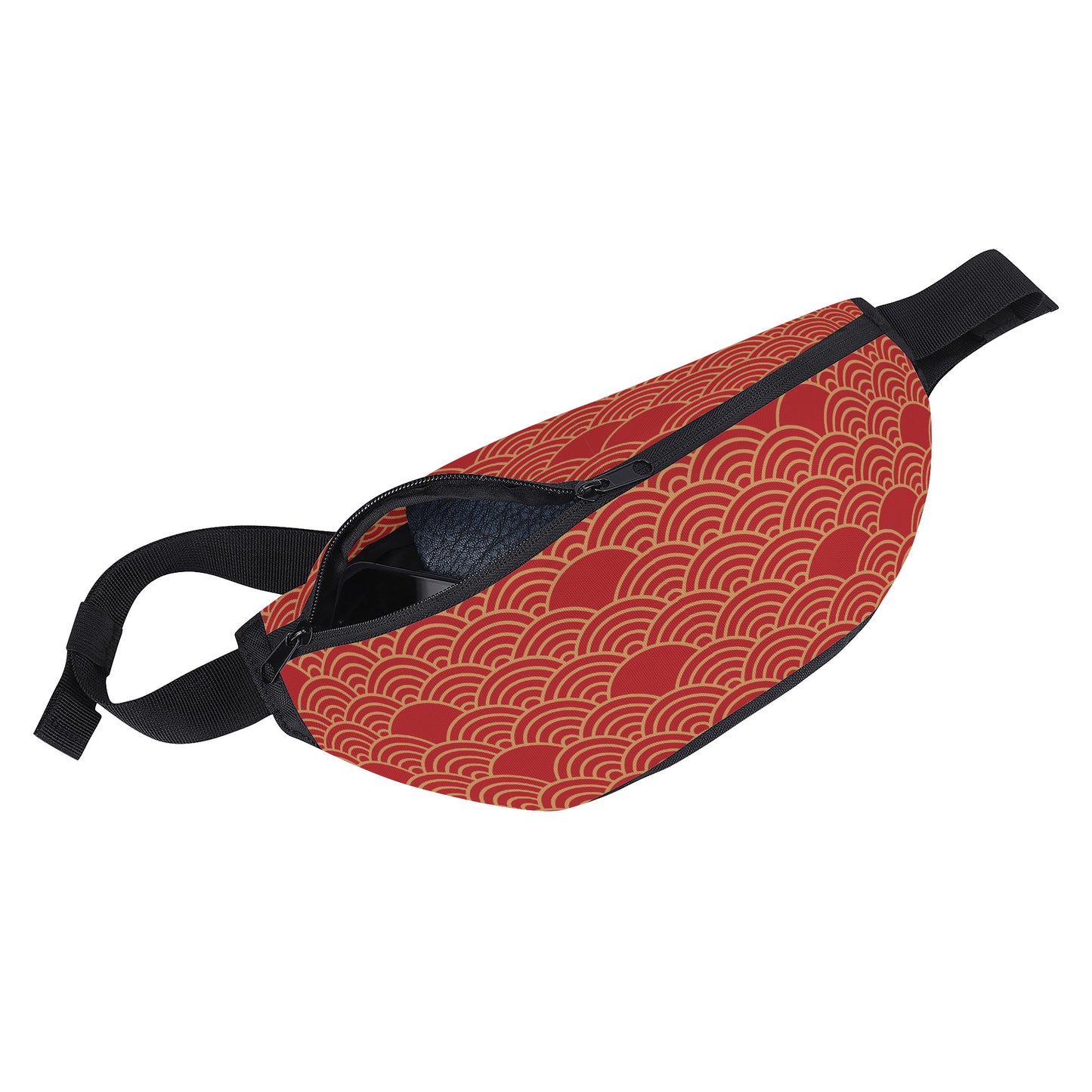 A vibrant red fanny pack or waist bag lies on a plain gray surface, viewed from a slightly elevated angle. The bag is adorned with a repeating gold traditional Japanese seigaiha (wave) pattern. It features a black zipper with two pull tabs, a black adjustable strap with a buckle, and a small red accent tab near where the strap meets the bag on the left side.