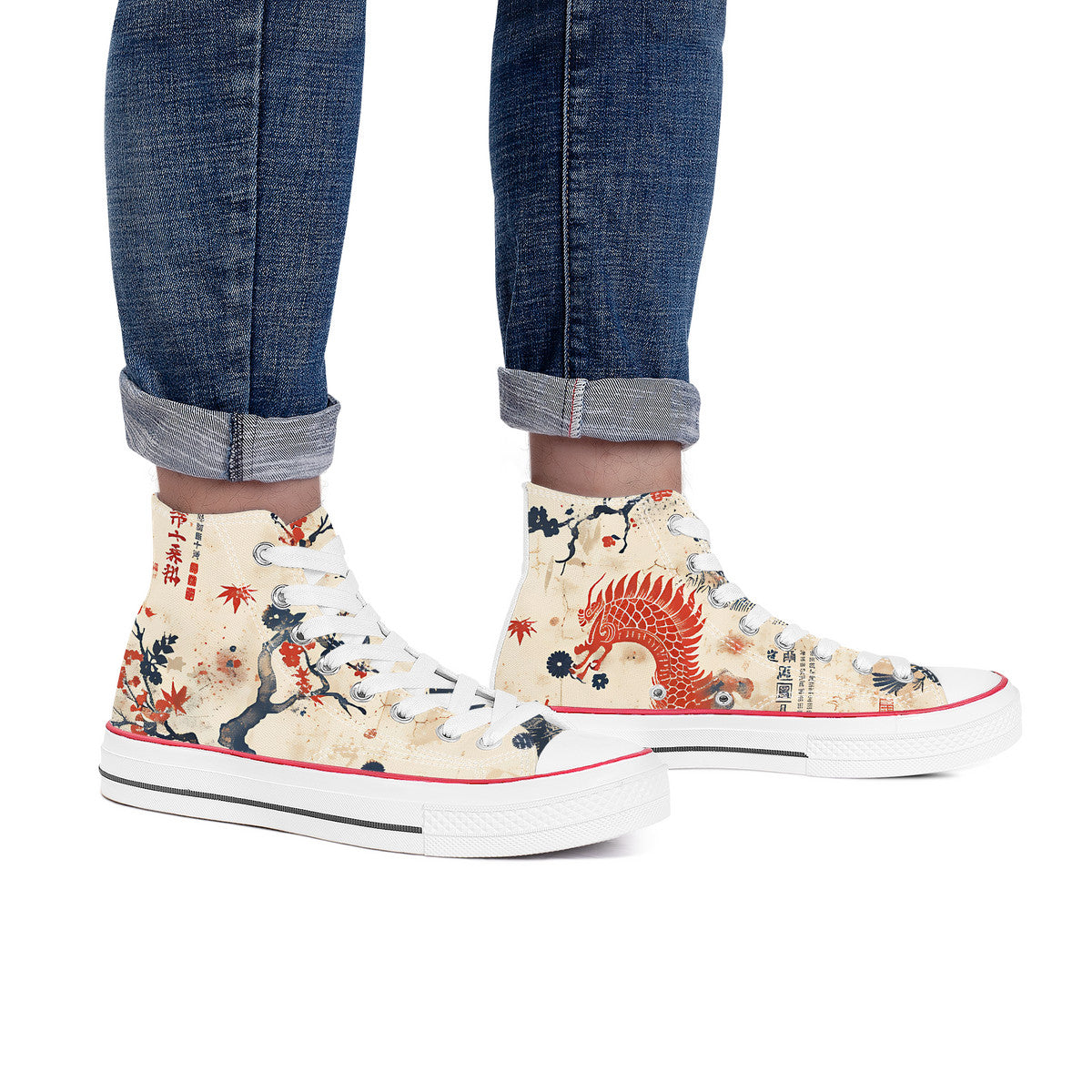 High-top sneakers with a detailed design worn with rolled-up jeans on a white background