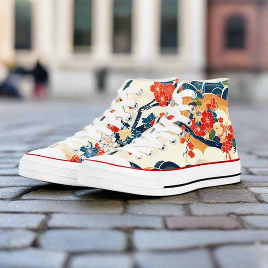Premium high-top sneakers featuring a sophisticated all-over patchwork of traditional Kimono silk patterns, including gold-accented florals and geometric Wagara motifs.