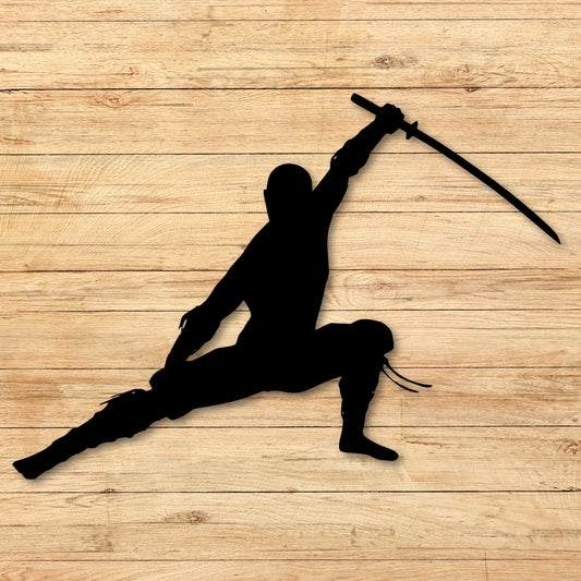 Dynamic Ninja in action pose metal wall art silhouette with Katana sword, ideal for gym or martial arts decor