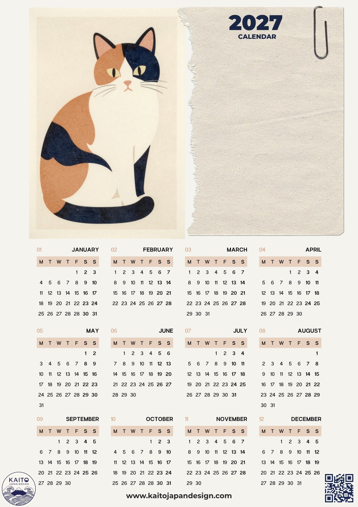 A 2027 calendar poster featuring a stylized orange tabby cat illustration on a cream torn-paper background, with the calendar grid printed below in a clean beige layout.
