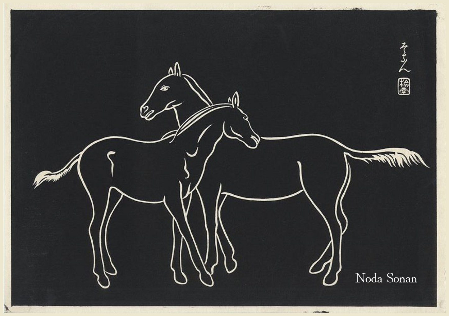 A Japanese woodblock print by Noda Sonan features two stylized white horses outlined against a solid black background. The horse on the left stands facing forward, while the horse on the right is positioned slightly behind it and to the right, looking back over its shoulder. Both horses are rendered with simple, flowing white lines, and their manes and tails are also white. Japanese characters and a red seal are in the upper right, and "Noda Sonan" is written in English in the lower right corner.