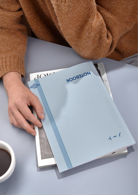 Digital mockup of the Nami (Wave) Printable Stationary Bundle, showing A4 paper, thank you cards, and envelopes in Indigo, Scarlet, and Blue Sky colors.