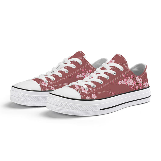 remium canvas sneakers featuring a deep burgundy wine-colored background with a detailed white and pink Japanese cherry blossom (Sakura) print