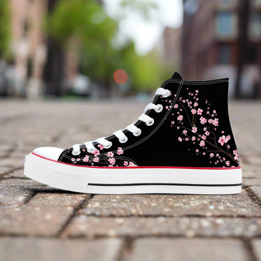 Premium black high-top canvas sneakers featuring an all-over Japanese Sakura (cherry blossom) print in soft pink and white.
