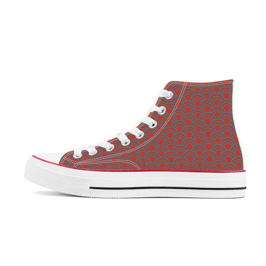 Orange and blue patterned canvas high top sneakers inspired by the Tokyo Metro Tozai Line.