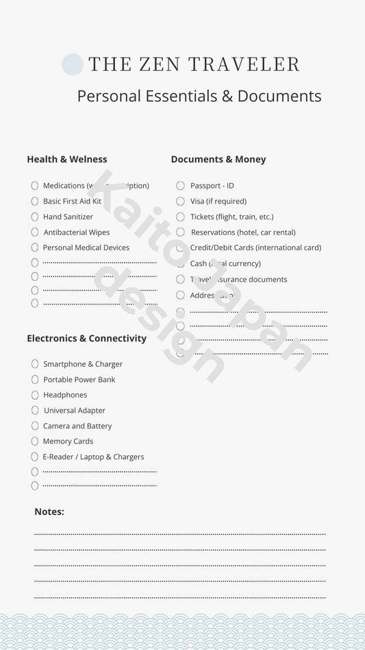 Checklist for personal essentials and documents with a light blue gradient background