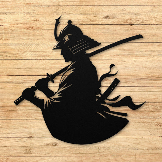 Powerful Samurai Warrior metal wall art silhouette with Katana on shoulder, ideal for Dojo or home training decor