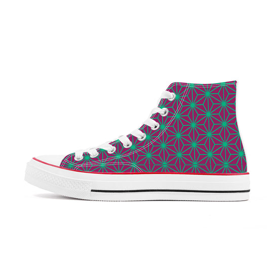 "Magenta and green geometric patterned high-top canvas sneakers with a 'C' logo, inspired by the Tokyo Metro Chiyoda Line, in a classic Converse style."